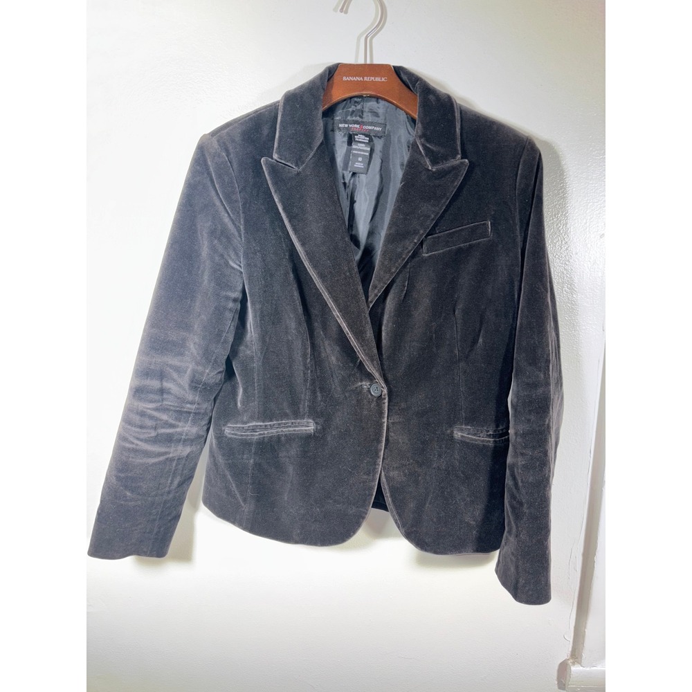 New York & Company Velvet Blazer Womens Sz 10 Gray Career Dark Academia Stretch
